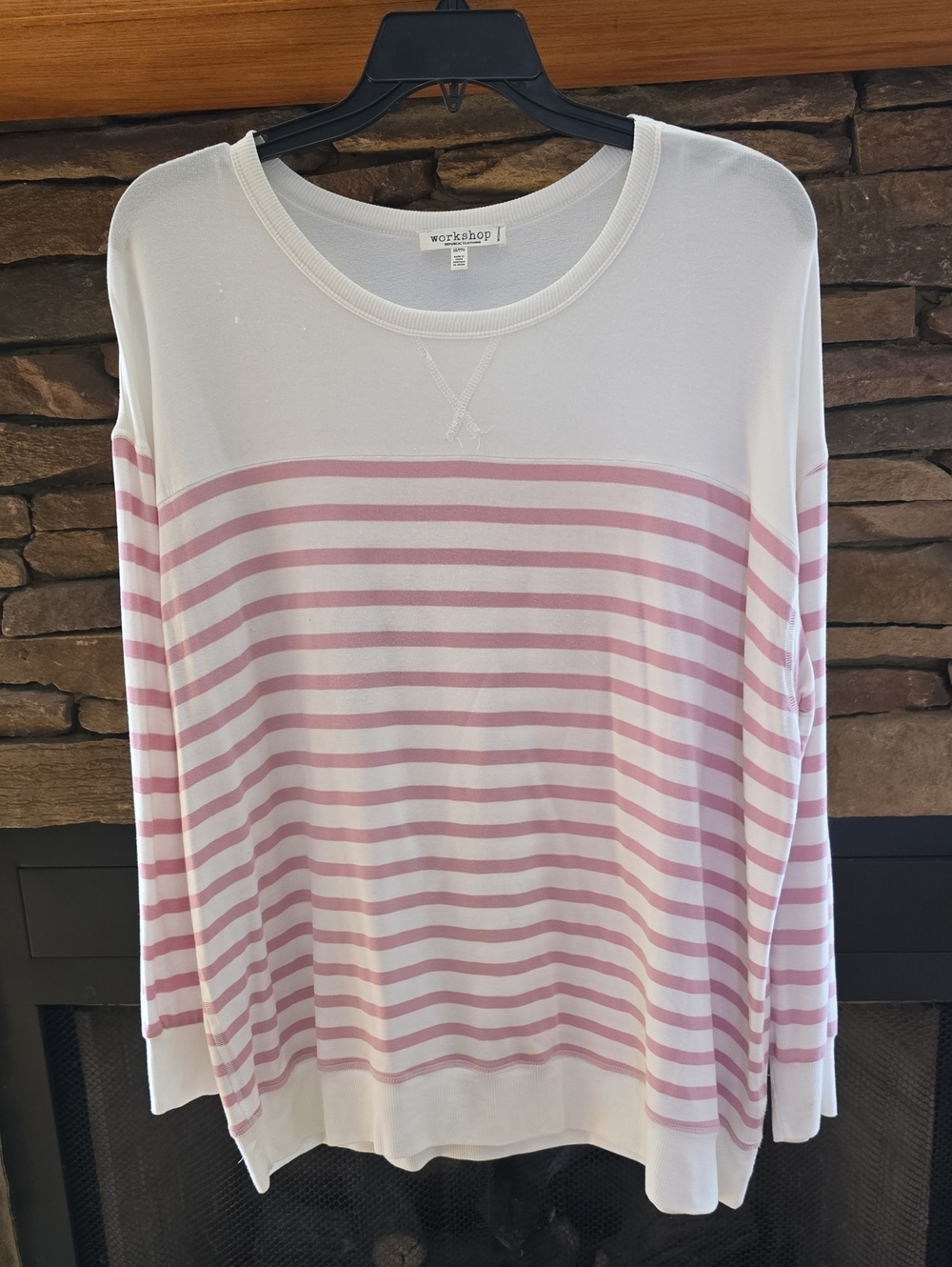 Workshop Republic Clothing White & Light Pink Striped Long Sleeve Crew